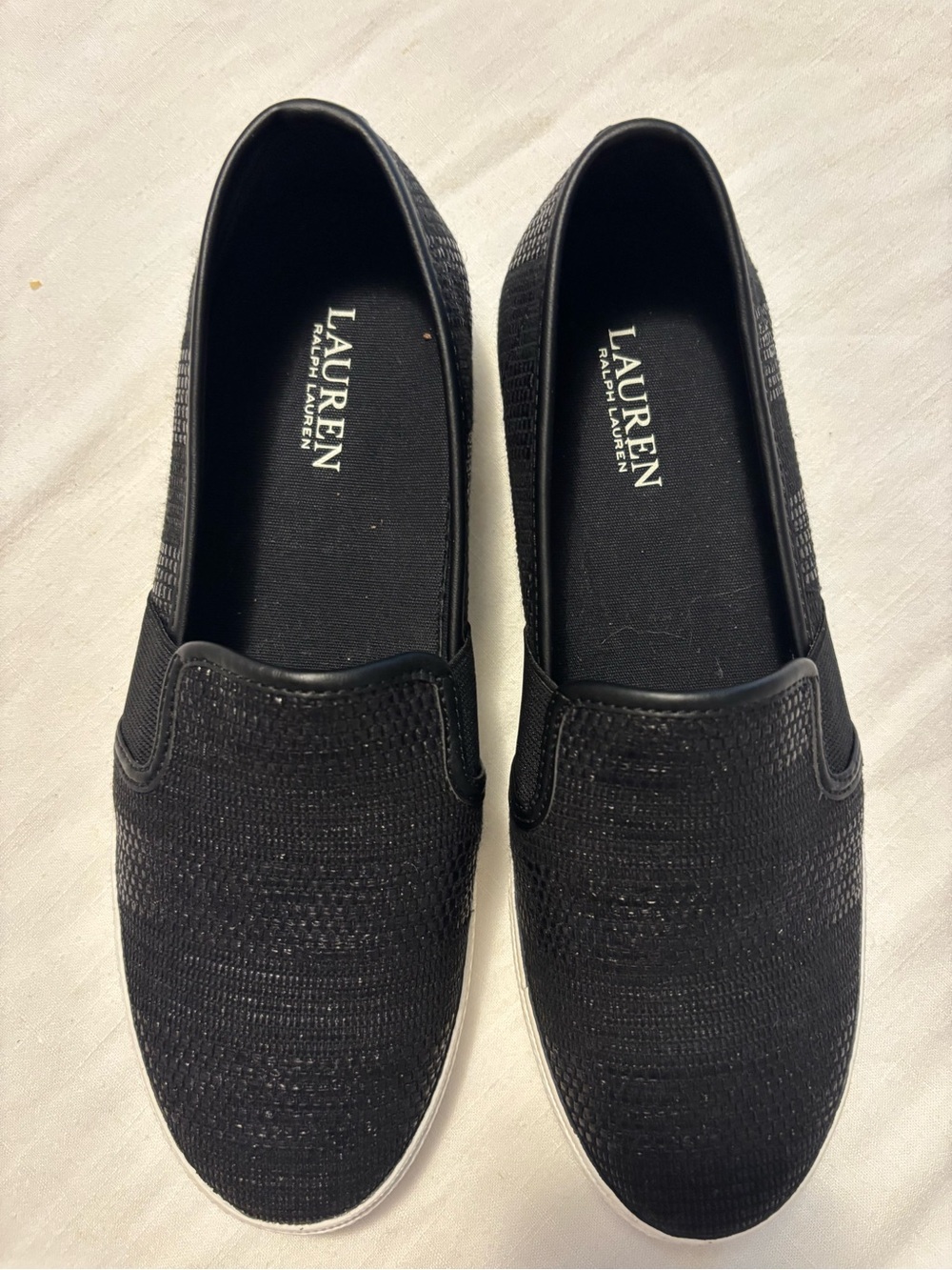 Lauren Ralph Lauren Black Woven Slip-On Sneakers with White Sole